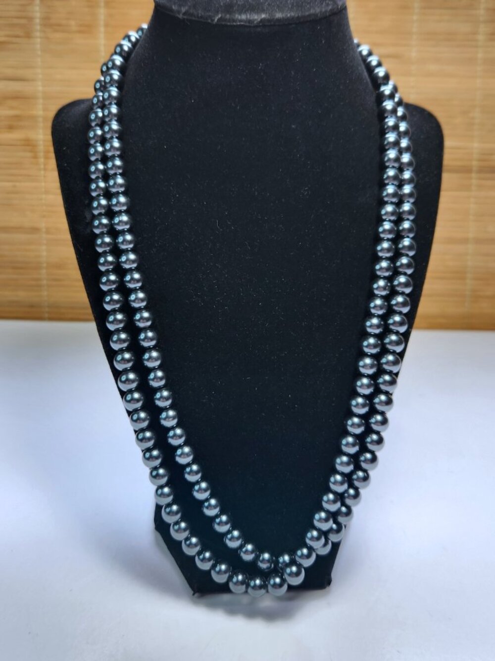 Vintage Hematite Beaded Strand Necklace Gunmetal Grey Opera Length Flapper Loop